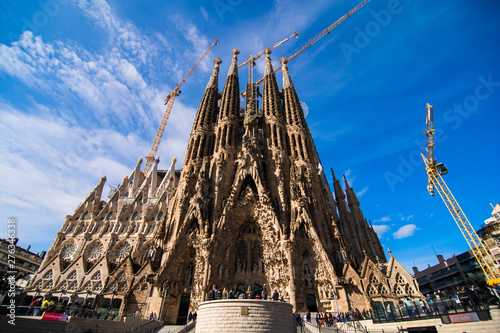 BARCELONA, SPAIN - April, 2019 : Sagrada Familia in Barcelona the most known the buildings created by Antoni Gaudi.