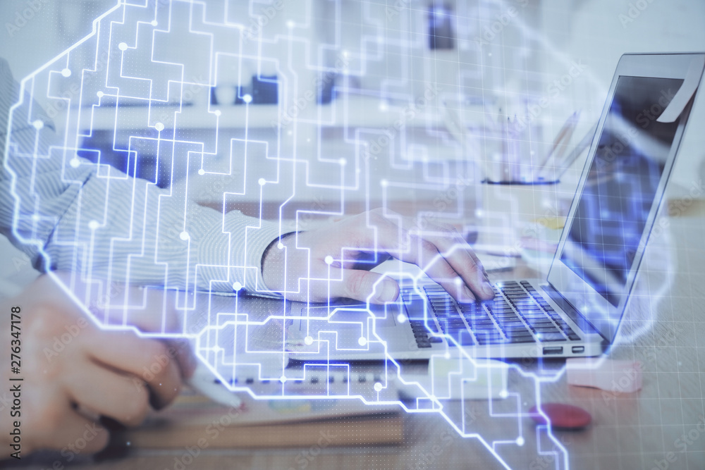 Man typing on keyboard background with brain hologram. Concept of big Data. Double exposure. Man typing on keyboard background with brain hologram. Concept of big Data. Double exposure.