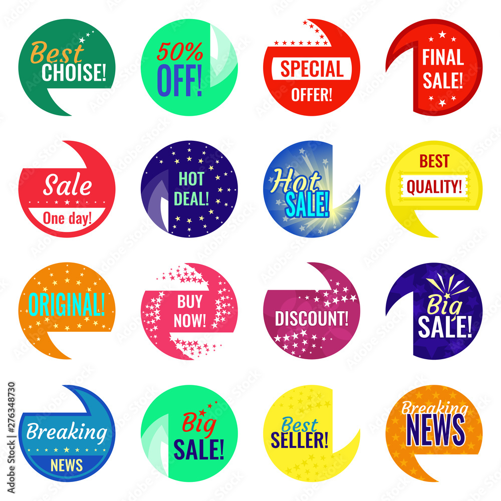 Multicolor labels with different discount rates on white background. Vector