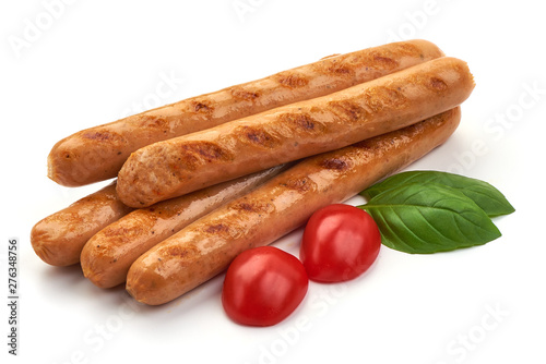 Grilled chicken sausages, close-up, isolated on white background