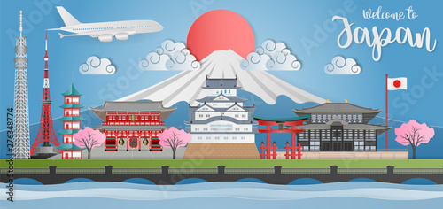 Japan landmark travel banner with Himeji castle, Asakuza Sensoji, Sensoji Temple, Itsukushima Shrine, Tokyo Tower, girl in kimono dress, maneki neko, cherry blossom,and fuji mountain. Paper art style