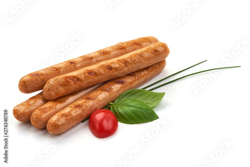 Grilled chicken hot dog sausages, close-up, isolated on white background