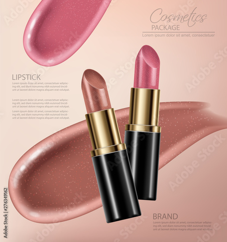 Lipstick sets mock up Vector realistic. 3D illustration advertising poster promoting makeup premium products. Package design. Color samples