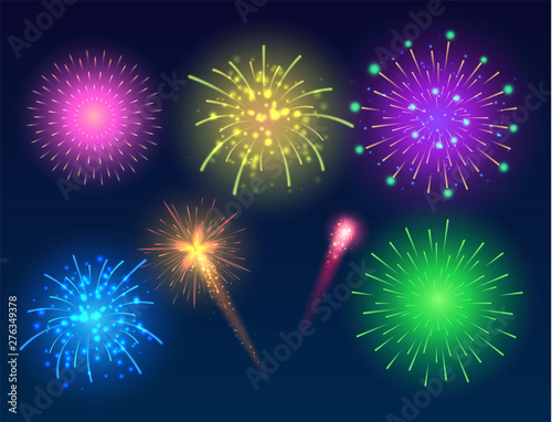 Set of glowing fireworks. 