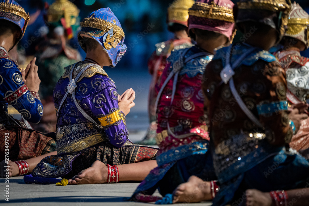 Ramayana pantomime story dancing and acting on the ground by Thai students in Thai Temple