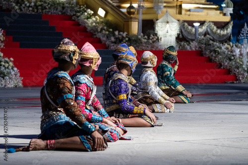 Ramayana pantomime story dancing and acting on the ground by Thai students in Thai Temple