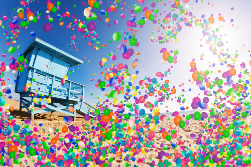 Los Angeles beach lifeguard tower and air balloons