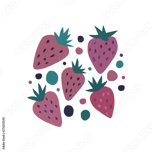Hand draw sweet strawberries art set. Isolated pink color strawberries