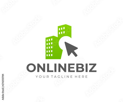 Online house rent logo design. Selling and buying property online vector design. Real estate agency logotype