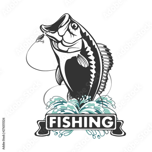 Bass fiishing logo for sport club. Bass fish with rod club emblem. Fishing theme vector illustration.
