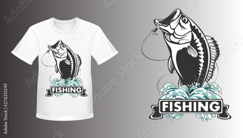 Bass fiishing logo for sport club. Bass fish with rod club emblem. Fishing theme vector illustration.