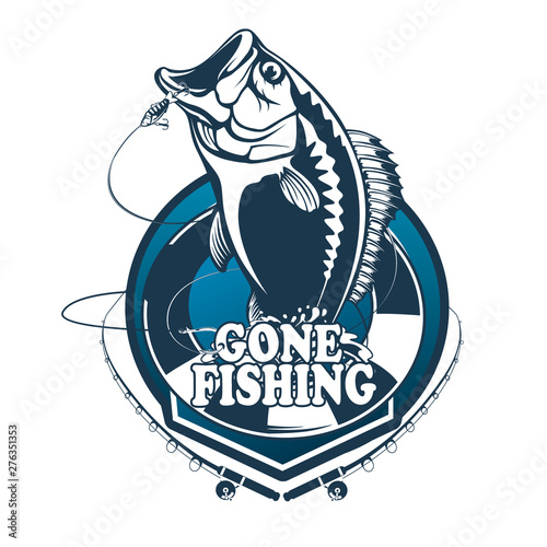 Bass fiishing logo for sport club. Bass fish with rod club emblem. Fishing theme vector illustration.