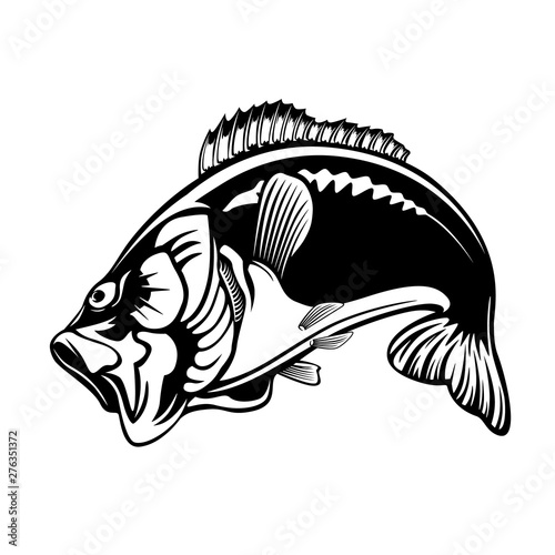 Bass fiishing logo for sport club. Bass fish with rod club emblem. Fishing theme vector illustration.