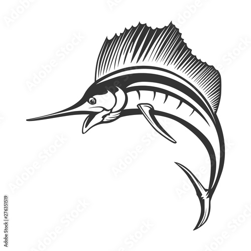 Marlin fish logo.Sword fish fishing emblem for sport club. Angry marlin fishing background theme vector illustration.