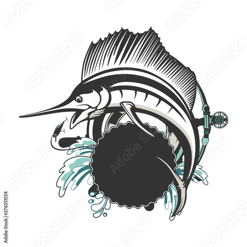 Marlin fish logo.Sword fish fishing emblem for sport club. Angry marlin fishing background theme vector illustration.