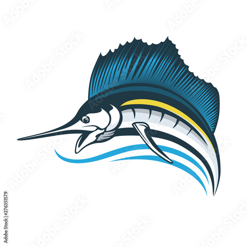 Marlin fish logo.Sword fish fishing emblem for sport club. Angry marlin fishing background theme vector illustration.