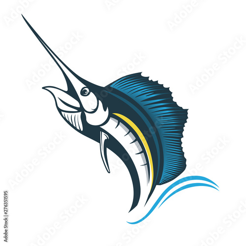 Marlin fish logo.Sword fish fishing emblem for sport club. Angry marlin fishing background theme vector illustration.