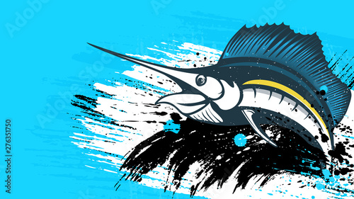 Marlin fish logo.Sword fish fishing emblem for sport club. Angry marlin fishing background theme vector illustration. Water splash. Grunge background. Paint stains.