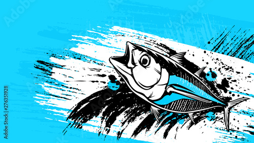 Tuna big fishing on white logo illustration.Water splash. Grunge background. Paint stains.