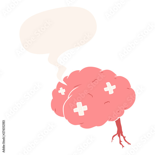 cartoon injured brain and speech bubble in retro style