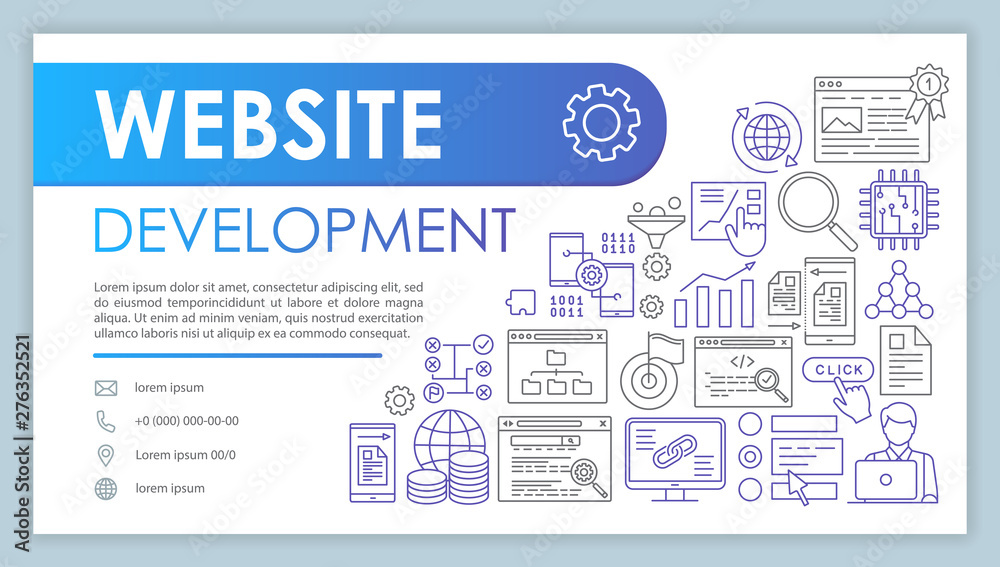 Website development banner, business card template. Programming and coding. Company contacts with phone, email linear icons. SEO, site optimization. Presentation, web page idea. Corporate print layout Website development banner, business card template. Programming and coding. Company contacts with phone, email linear icons. SEO, site optimization. Presentation, web page idea. Corporate print layout