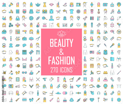 Beauty and fashion industry color icons big set. Cosmetics for makeup, plastic surgery, spa and manicure salon, clothes and accessories. Skincare, body care products. Isolated vector illustrations