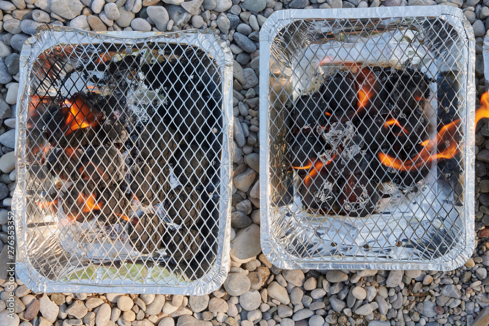 Einweggrill zum weg schmeisen grillen Umweltverschmutzung am See Fluß Einweggrill zum weg schmeisen grillen Umweltverschmutzung am See Fluß