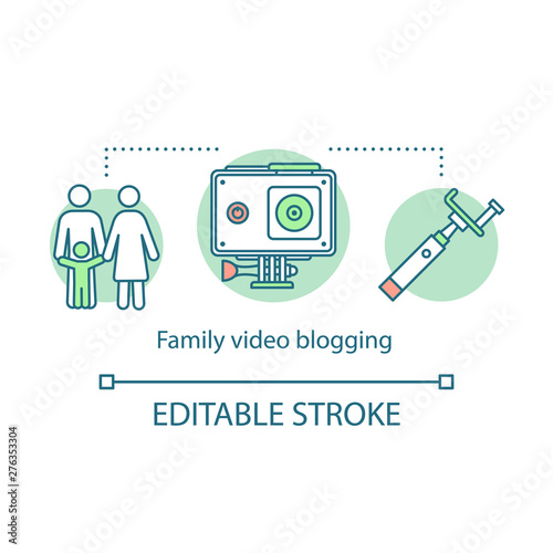 Video blogging concept icon. Family activities with kids idea thin line illustration. Family film making. Vlog about daily life. Collecting memories. Vector isolated outline drawing. Editable stroke
