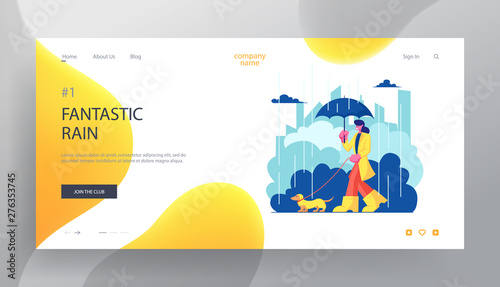 Woman Character in Cloak and Boots Walk with Dog at Rainy Weather , Girl Spend Time with Pet Outdoors. Relax, Leisure, Animals Website Landing Page, Web Page. Cartoon Flat Vector Illustration, Banner