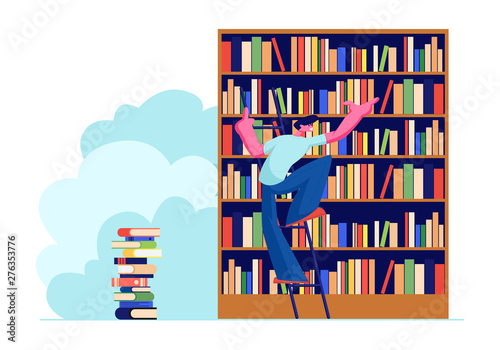 Young Man in Library Searching Books on Shelves Standing on Ladder