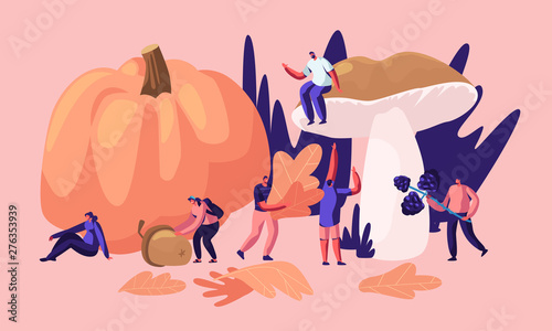Happy Male and Female Characters Spend time Outdoors in Autumn Season  Pick Up Fallen Yellow Leaves  Mushrooms  Berries  Pumpkin Crop  Acorn. Fall Outdoor Activity. Cartoon Flat Vector Illustration