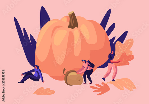 Outdoors Activities in Autumn Season, Happy Male and Female Characters Spend Time Pick Up Fallen Yellow Leaves for Herbarium, Pumpkin Crop, Acorn