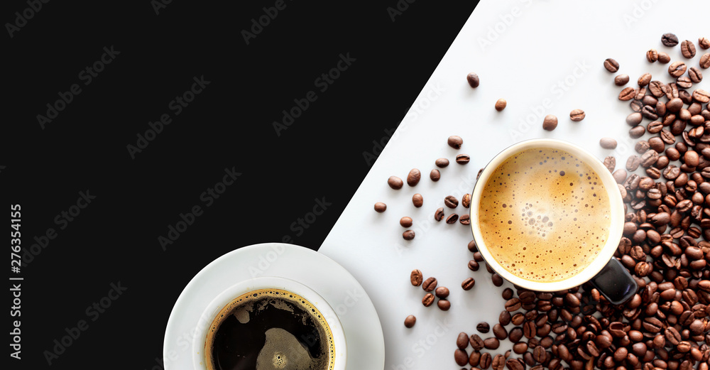 Fototapeta hot espresso and coffee bean on white table with soft-focus and over light in the background. top view