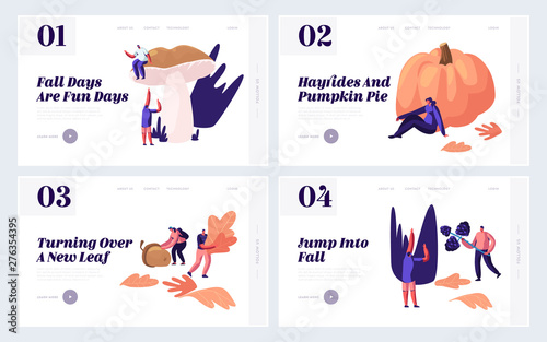 Outdoors in Autumn Season Website Landing Page Set, People Pick Up Fallen Leaves, Mushrooms, Berries, Pumpkin Crop, Acorn. Fall Outdoor Activity Web Page. Cartoon Flat Vector Illustration, Banner
