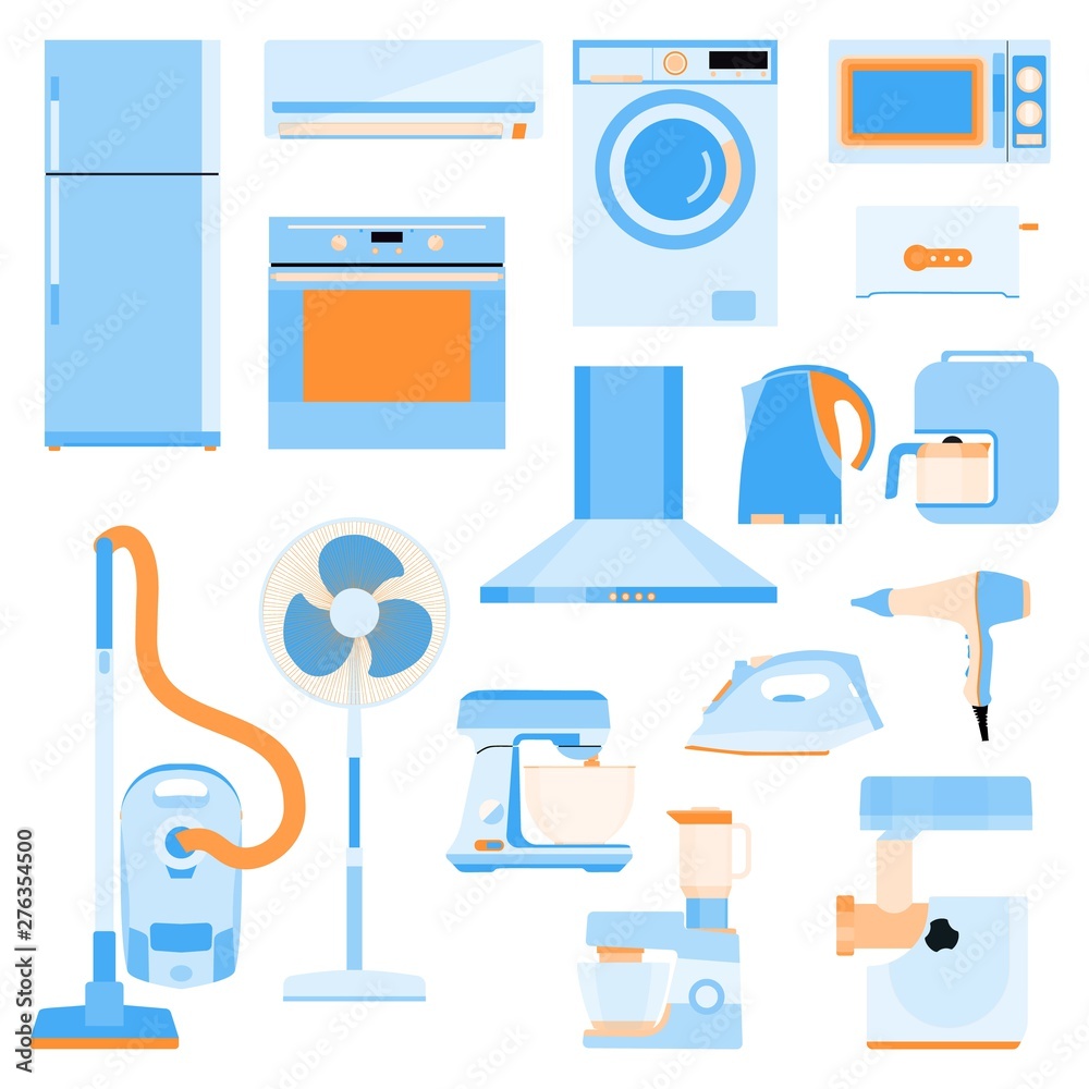 Set of Home, Kitchen and house electronics appliances. Various household  equipment and facilities - major and small appliances, consumer  electronics, kitchenware Stock Vector