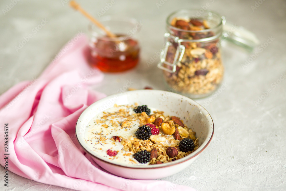 Granola with yogurt, honey and berries. Breakfast with berries and nuts. The correct breakfast. Delicious dish in the morning Granola with yogurt, honey and berries. Breakfast with berries and nuts. The correct breakfast. Delicious dish in the morning