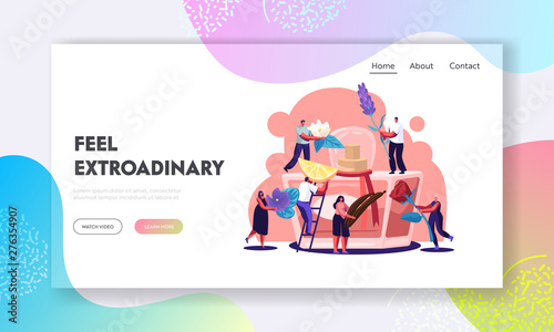 Perfumer Characters Create New Perfume Fragrance Bring Ingredients to Sprayer Bottle with Toilet Water. Composition, Perfumery Website Landing Page, Web Page. Cartoon Flat Vector Illustration, Banner