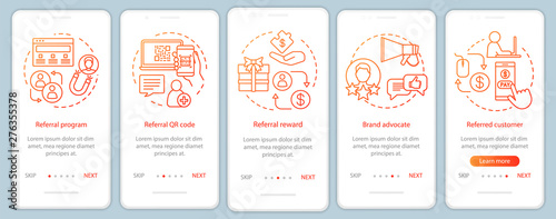 Referral marketing tools onboarding mobile app page screen with linear concepts. Five Steps graphic instructions. Customer attraction, retention. UX, UI, GUI vector template with illustrations
