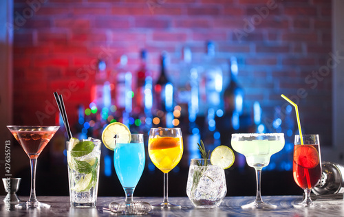Fényképezés Set with different cocktails on bar tender