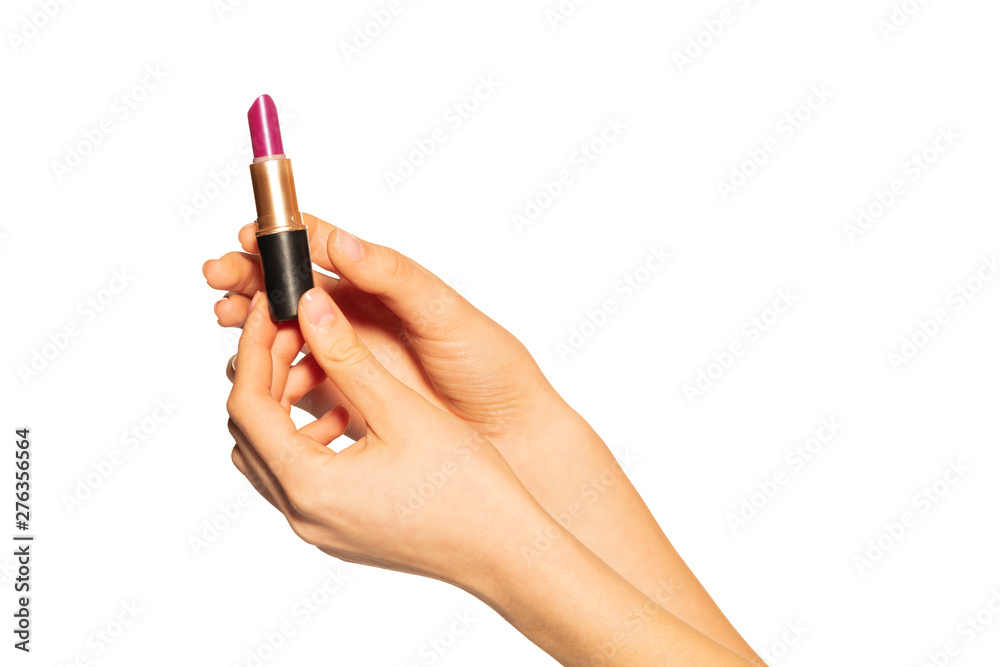 Close up of woman hands holding open lipstick tube Close up of woman hands holding open lipstick tube
