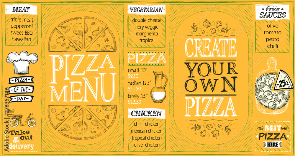 Fototapeta Pizza menu lists set, create your own pizza, pizza of the day, discounts