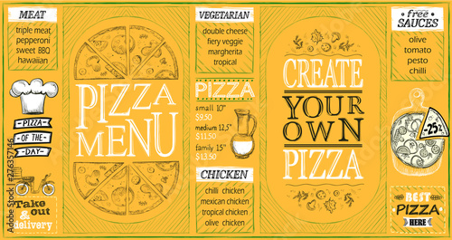 Pizza menu lists set, create your own pizza, pizza of the day, discounts