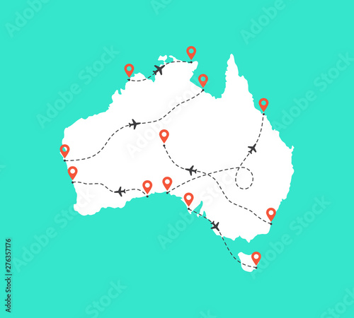 Australia map with airplane flight paths on a turquoise background