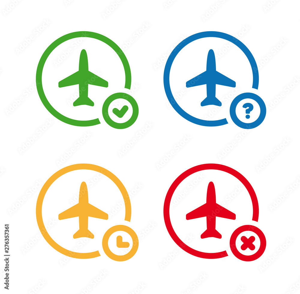 Flight status icons. Airport information symbol set. On time, unknown, delayed, cancelled. - obrazy, fototapety, plakaty 