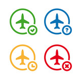 Flight status icons. Airport information symbol set. On time, unknown, delayed, cancelled.