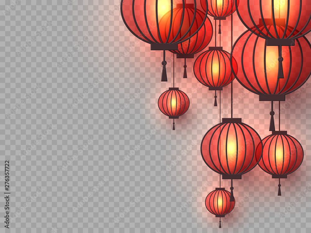 3d Chinese hanging lanterns with glowing lights. Decorative paper