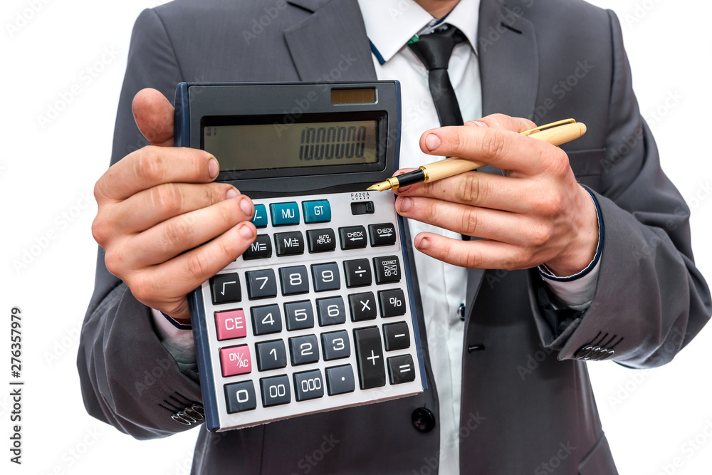Man in suit showing calculator isolated on white Man in suit showing calculator isolated on white