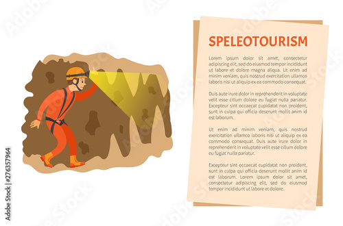 Man wearing helmet with light going in cave, male insurance going in antre, side view of person in orange suit, extreme or dangerous tourism vector