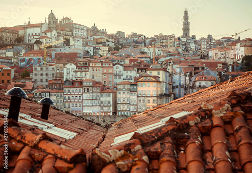 Obraz na plátně Red tile roofs over historical city center of Porto city, Portugal