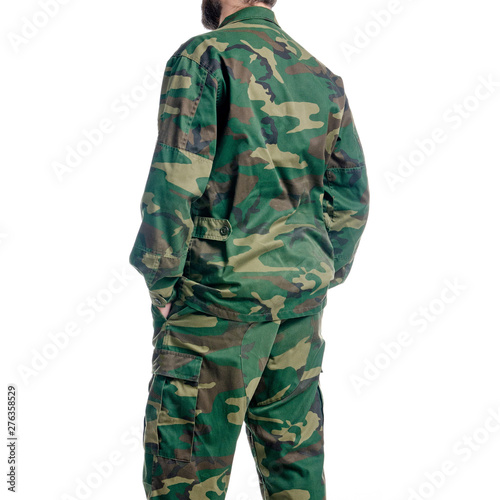 Man in military uniform, camouflage on white background isolation, back view © Kabardins photo